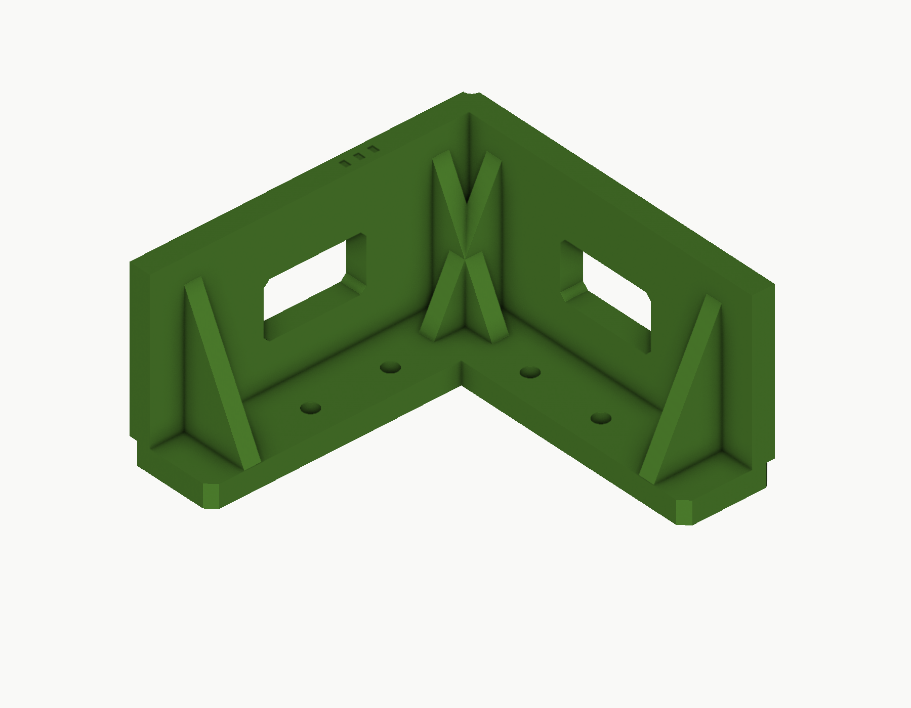 Green corner jig CAD concept with perpendicular faces, reinforcing ribs, and clamp-access windows.