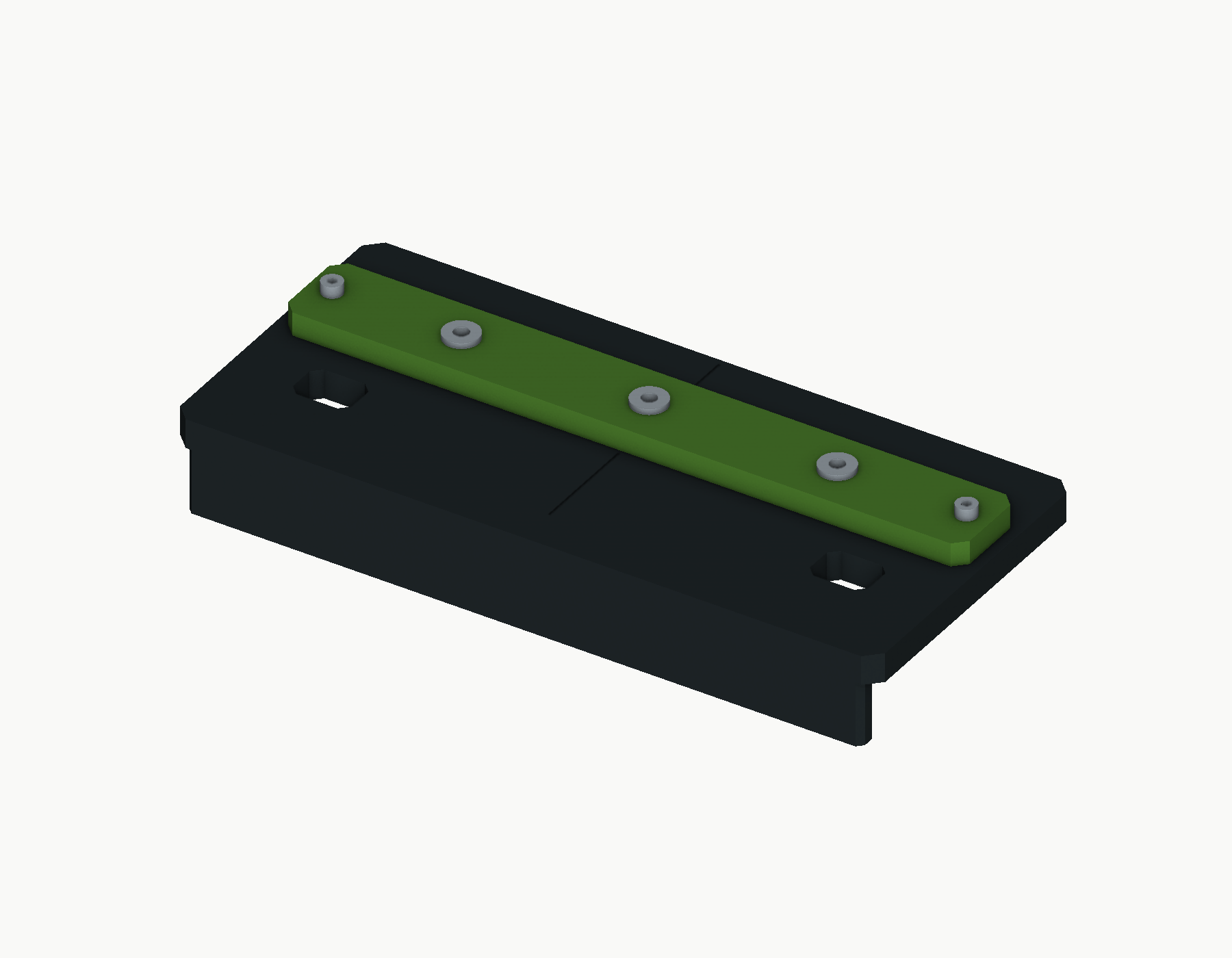 Charcoal cabinet handle jig CAD concept with a green removable cartridge and three drill guides.